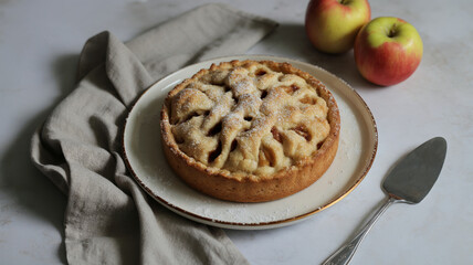 Freshly Baked Apple Pie on a Plate with Apples and Napkin