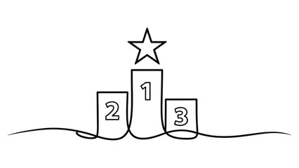 “Minimalist one-line drawing of a winner podium with numbers 1, 2, 3 and a star symbol, simple linear award illustration for success and achievement concepts”
