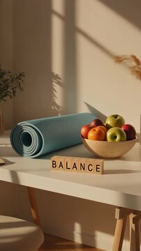 Mindful Morning Workspace Setup with Yoga Mat, Fresh Fruit Bowl, and the Word BALANCE spelled out in wooden blocks