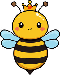 Cute Kawaii Queen Bee With Crown – Adorable Flying Cartoon Bumblebee Sticker With Blue Wings For Kids Illustration