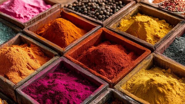 Colorful spices arranged in small bowls
