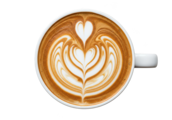 A cup of coffee with a leaf design on top isolated on transparent background