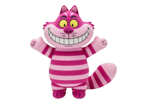 Pink cheshire cat plush toy with yellow eyes and wide smile isolated on transparent background - Powered by Adobe