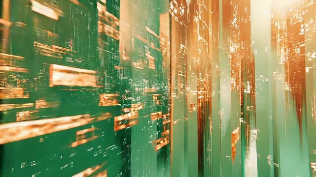 Digital data stream cityscape with green orange light