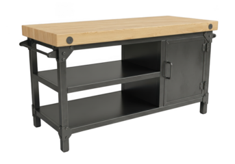 Industrial style metal and wood workbench with shelving and cabinet isolated on transparent background