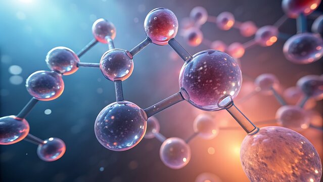 Abstract 3d rendering of a complex molecular structure or chemical bond, science and technology concept with blue and purple glowing atoms and connections in a dark, atmospheric setting - Powered by Adobe