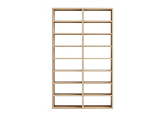 Brown wooden empty bookshelf with multiple horizontal shelves isolated on transparent background