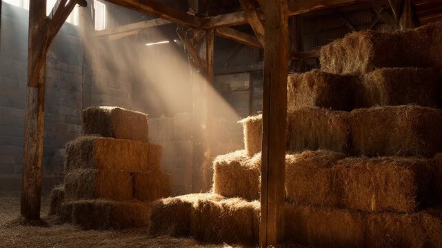 Sunlight through hay bales in rustic barn