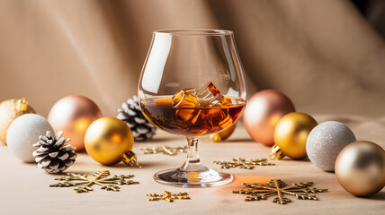 A festive whiskey celebration with christmas ornaments and snowflakes