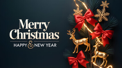 Elegant christmas and new year greetings with festive golden deer and ribbons