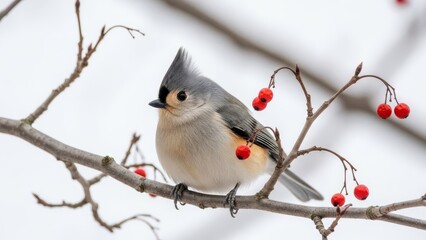 Stunning Crested Bird Perched on Snowy Berry Branch in Winter Forest &ndash; Nature Wildlife Photography for Seasonal Beauty and Birdwatching Enthusiasts