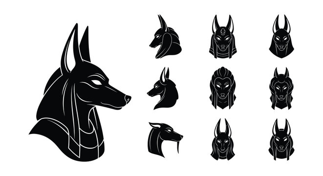 Ancient egyptian anubis jackal god heads illustration in black and white