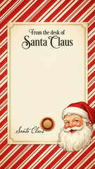Retro Santa Claus letterhead with candy cane stripes, gold frame and smiling Santa portrait
