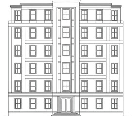 Naklejka premium Architectural line drawing of a symmetrical multistory residential building facade with a central double door entrance.