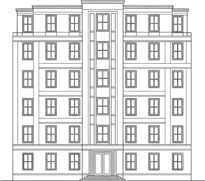 Architectural line drawing of a symmetrical multistory residential building facade with a central double door entrance.