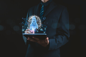 Business leaders are leveraging artificial intelligence (AI) technology by interacting with virtual AI interfaces to drive innovation, data analytics, and digitalization in modern business strategies.