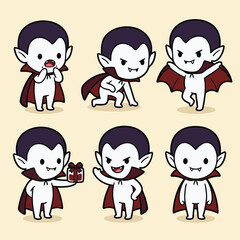 Set of six cute cartoon vampire characters in various poses, perfect for Halloween or spooky themes.