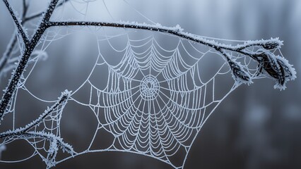 Icy spiderweb glistening on a cold winter morning in the frosty air