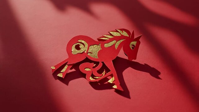 Red paper horse cutout with golden glitter details casting a shadow on a red background with dappled light