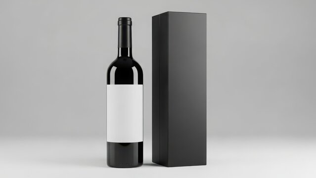 A wine bottle with a blank label next to a black gift box on a gray background