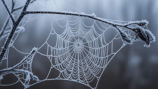 Icy spiderweb glistening on a cold winter morning in the frosty air