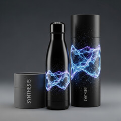 Black cosmetic bottles with blue electric energy design.