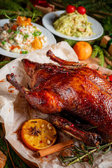 Roasted turkey shines on parchment, surrounded by fresh salads and cheerful fruits