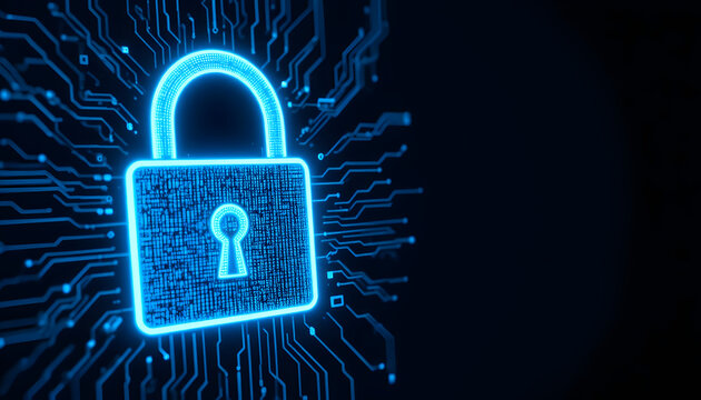 &ldquo;Glowing blue digital lock icon with circuit board background, cybersecurity protection concept, high detail, copy space.&rdquo;
