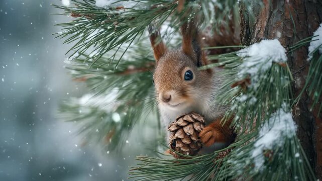 Young squirrel peeking out from snow-covered pine tree branch holding a pinecone in winter scene