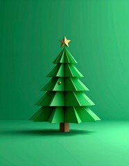 Minimalist Green Origami Christmas Tree with Star Topper on a Solid Green Background.