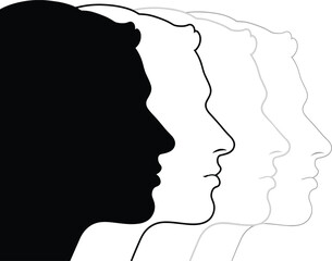 Multiple Male Head Profiles Silhouette and Outline Vector Illustration Concept: Man's Face in Different Stages, Showing Identity, Mental Health, Evolution, or Aging Process
