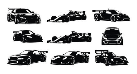 Fototapeta premium Collection of sleek black silhouettes depicting various high performance sports cars and racers