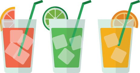 Colorful flat illustration of three refreshing fruit drinks with ice cubes and citrus slices, summer beverage concept for food and drink design