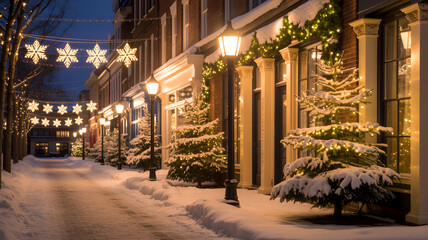 Winter wonderland: snowy street decorated with christmas lights and trimmings