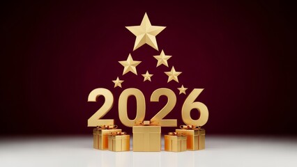 Celebrate New Year 2026 with Elegant Gold Decorations, Stylish Gift Boxes, Sparkling Stars, and Festive Burgundy Background for Holiday Inspiration