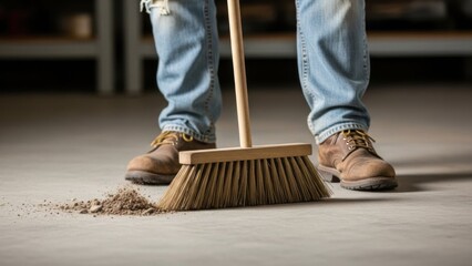 Person sweeping floor with broom, cleaning up debris, indoor activity.