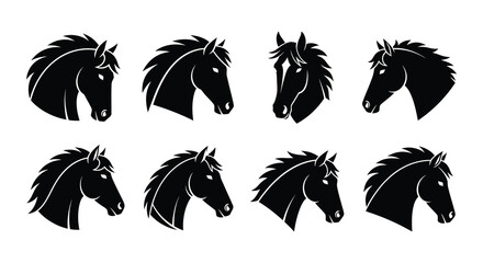 Collection of black horse head silhouettes in various poses and arrangements © Begum