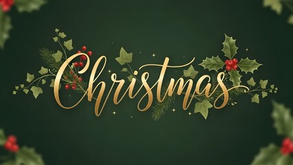 A decorative, hand-lettered golden script spelling the word "Christmas," surrounded by a beautiful garland of deep green holly, red berries, and ivy leaves. The elegant design is set against a dark gr