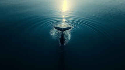 Whale tail surfacing in still ocean at sunset