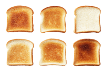 Six toasted bread slices, varying browning, dark to light