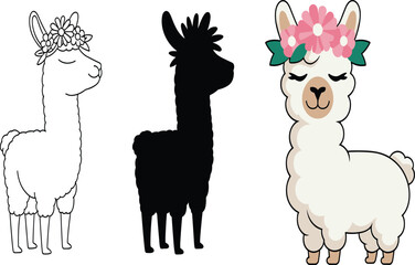 Obraz premium Cute llama illustrations set featuring floral crowns, minimalist black silhouette, adorable fluffy alpaca characters
