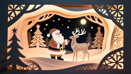 A papercut Christmas night with Santa and reindeer