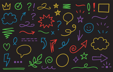 Marker drawn arrow, cloud, star vector element set. Hand drawn marker pen line stroke star, heart, underline elements. Sketch style colorful kid brush arrow line art vector illustration 