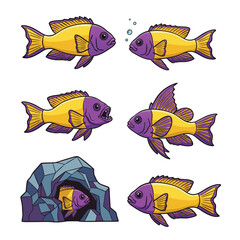 Six cartoon illustrations of yellow and purple fish in various poses, including one in a cave, on a white background. © Ananda Putri