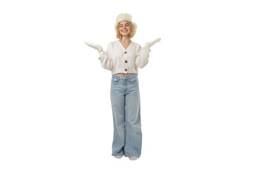 Warmly dressed woman joyfully embraces winter, isolated, PNG