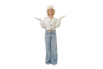 Warmly dressed woman joyfully embraces winter, isolated, PNG