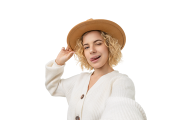 Girl takes a fun winter selfie with a hat, isolated, PNG