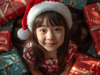 クリスマスギフトに囲まれたサンタ帽のアジア人の女の子の温かいホリデーシーン

