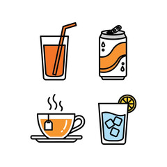 Four beverage icons - juice, soda, tea, and water with lemon, in a simple, outlined style.