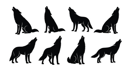 Collection of howling wolf silhouettes in varying positions and perspectives